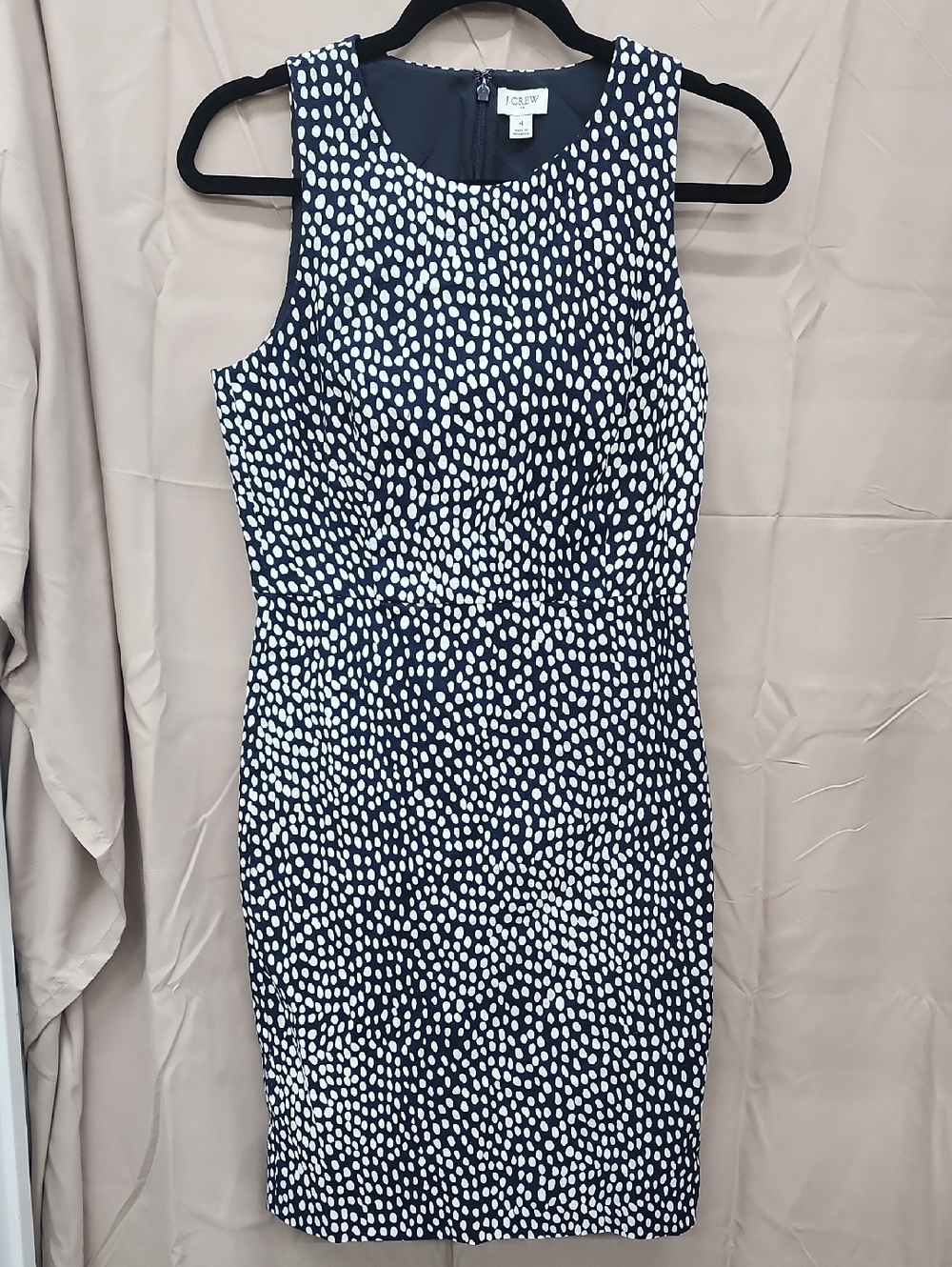 J Crew Navy and White Dot Sheath Midi Dress With Kick Pleat Sz 4